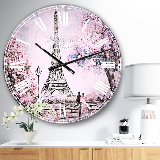 Designart 'Eiffel With Pink Flowers French Country Wall Clock